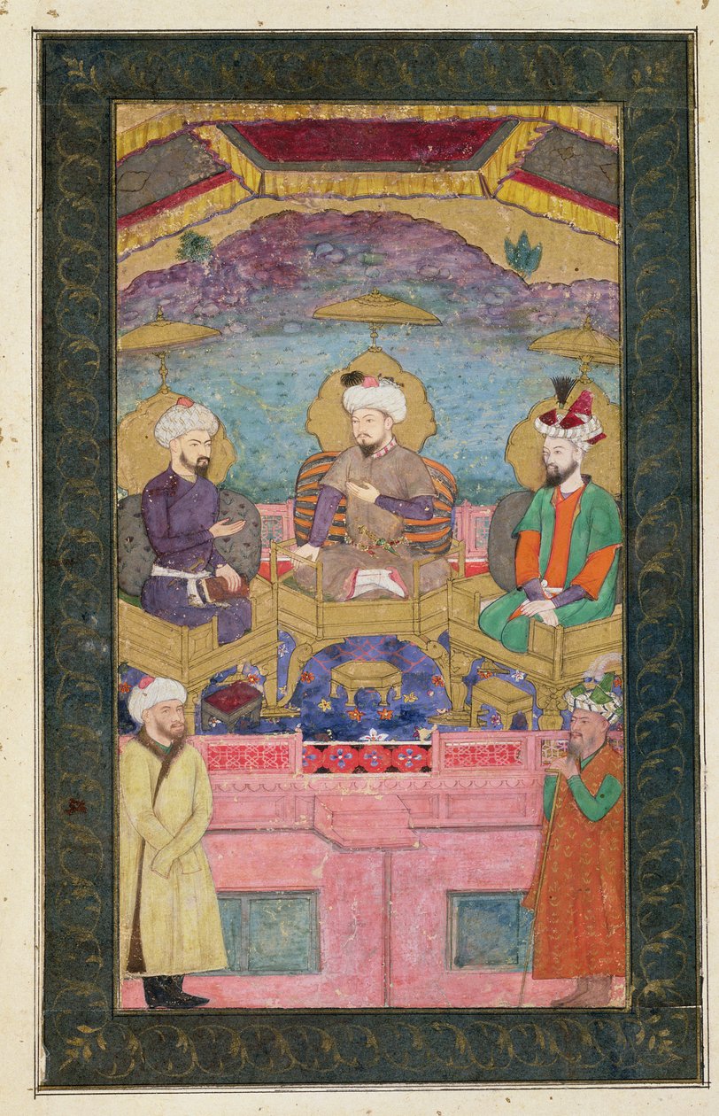 Timur (1336-1405), Babür (1483-1530, r.1526-30) ve Humayan (1508-56, r.1530-56), Büyük Clive Albümünden, c17. orijinalinden birlikte tahta çıktı. by Mughal School