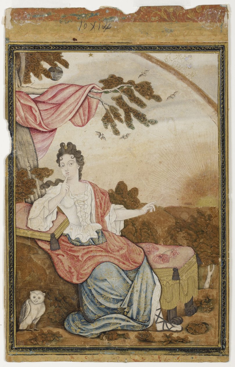 Bir dalın altında oturan Avrupalı bir kadın, bir baykuş ile, 1700-32 (kağıt üzerinde opak wc ve altın) by Muhammad Sadiq