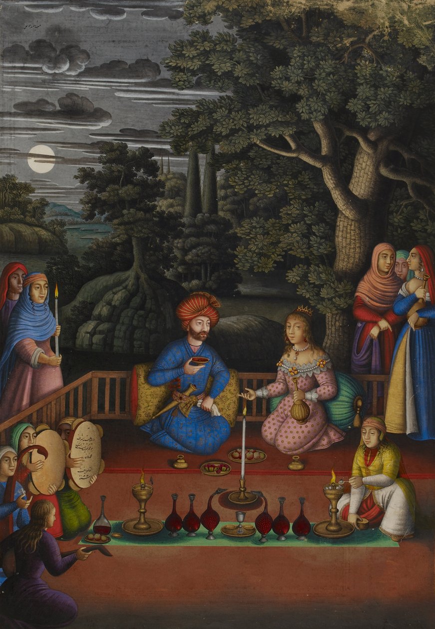 Hintli Prenses'in hikayesinden bir bölüm: Kral Türktazī'nin Periler Kraliçesi Türktaz'ın büyülü bahçesini ziyareti, MS OR.2265, f.221v by Muhammad Zaman