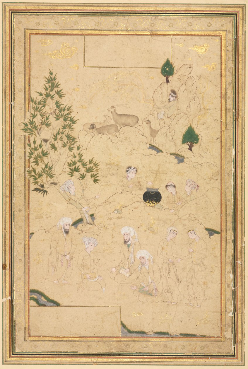 Dağlarda Piknik, Tek Sayfa İllüstrasyon, c. 1550-1600. by Muhammadi