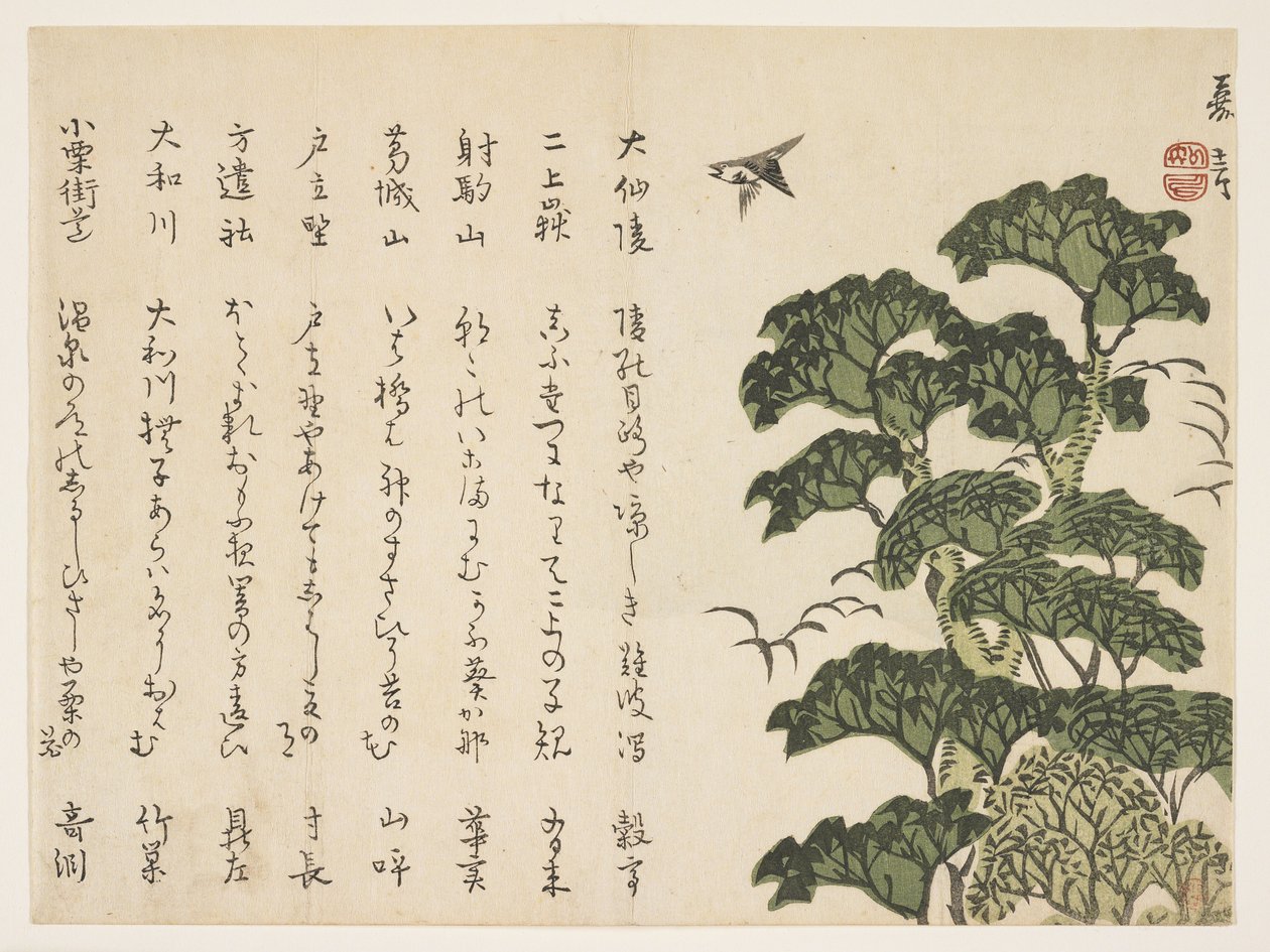 Büyük ağaç ve kuşlar, c.1830-44 (renkli tahta baskı) by Murata Kagen
