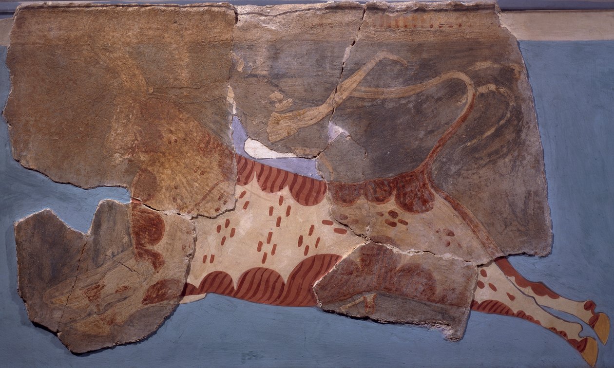 Boğa güreşi sahnesi, Tirinto Sarayı'ndan fresk, Miken Uygarlığı by Mycenaean
