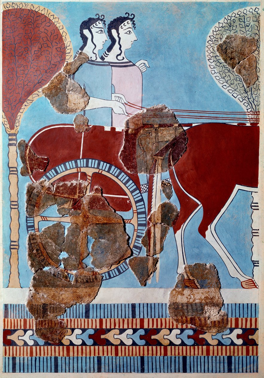 Miken sanatı: bir tank üzerinde çift. Tiryns sarayından fresk parçası ve yeniden yapılanma by Mycenaean