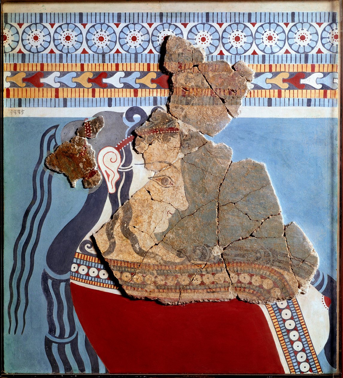 Miken sanatı: kadın büstü. Tiryns sarayından fresk parçası ve yeniden yapılanma by Mycenaean