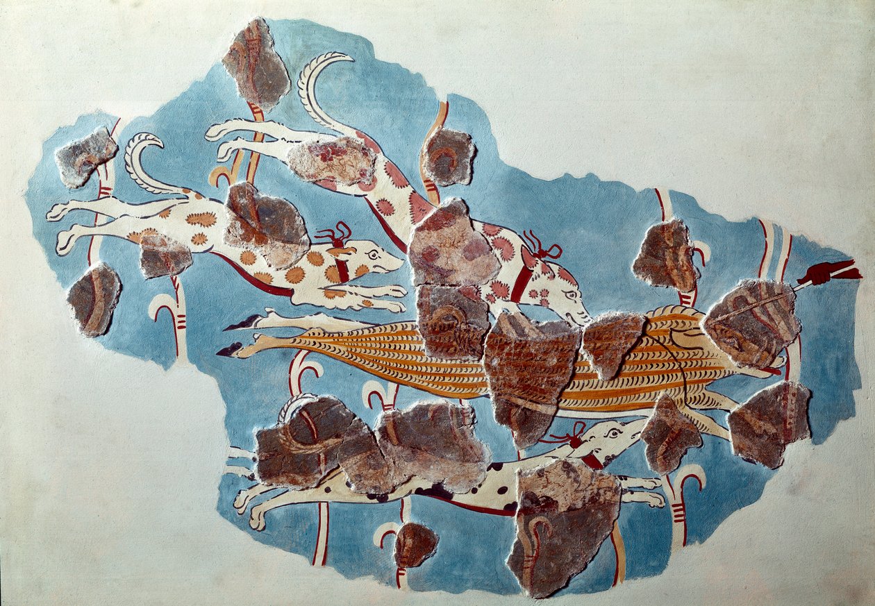 Miken sanatı: av sahnesi, köpekler yaban domuzu kovalıyor. Tiryns sarayından fresk parçası ve yeniden yapılanma by Mycenaean