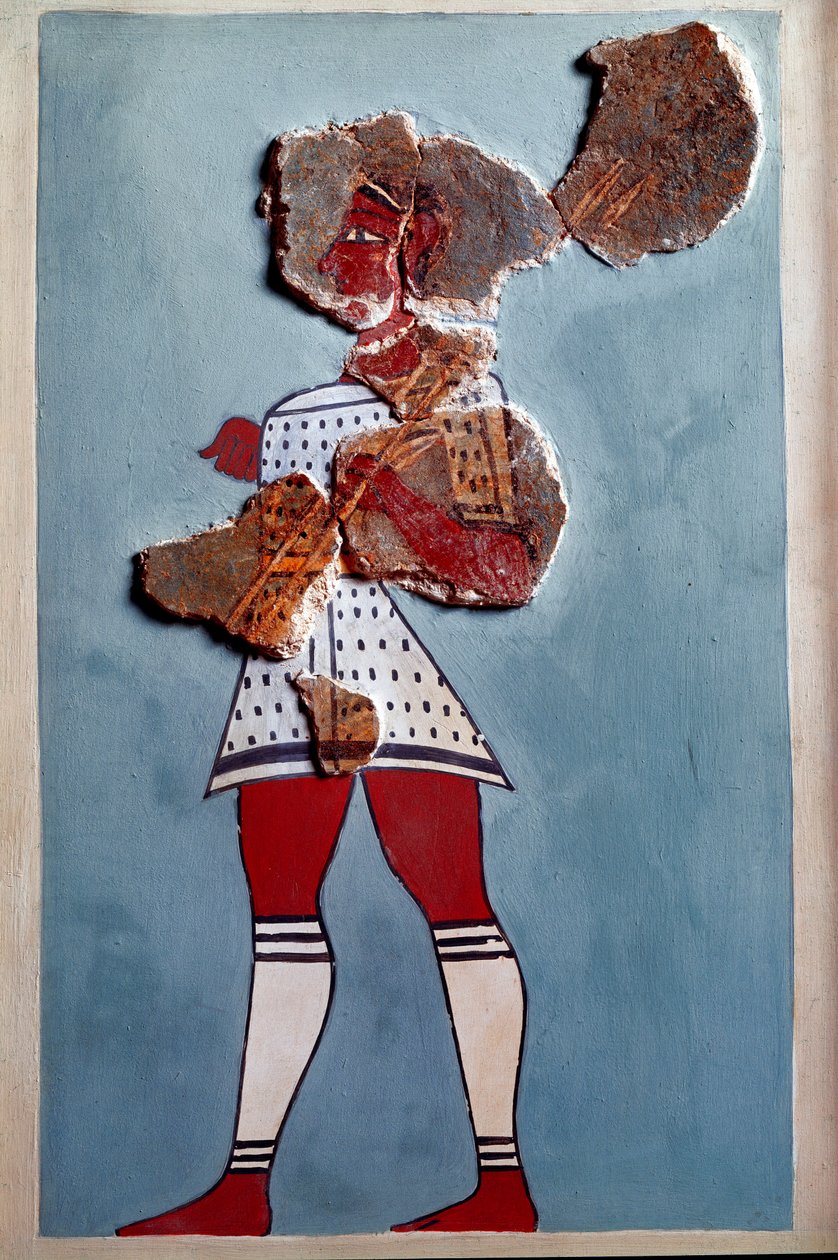 Miken sanatı: savaşçı. Tiryns sarayından fresk parçası ve yeniden yapılanma by Mycenaean