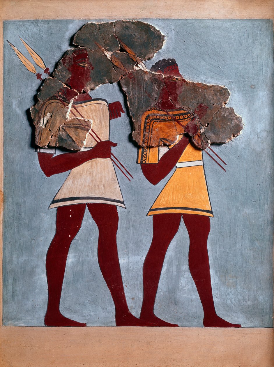 Miken sanatı: savaşçılar. Tiryns sarayından fresk parçası ve yeniden yapılanma by Mycenaean