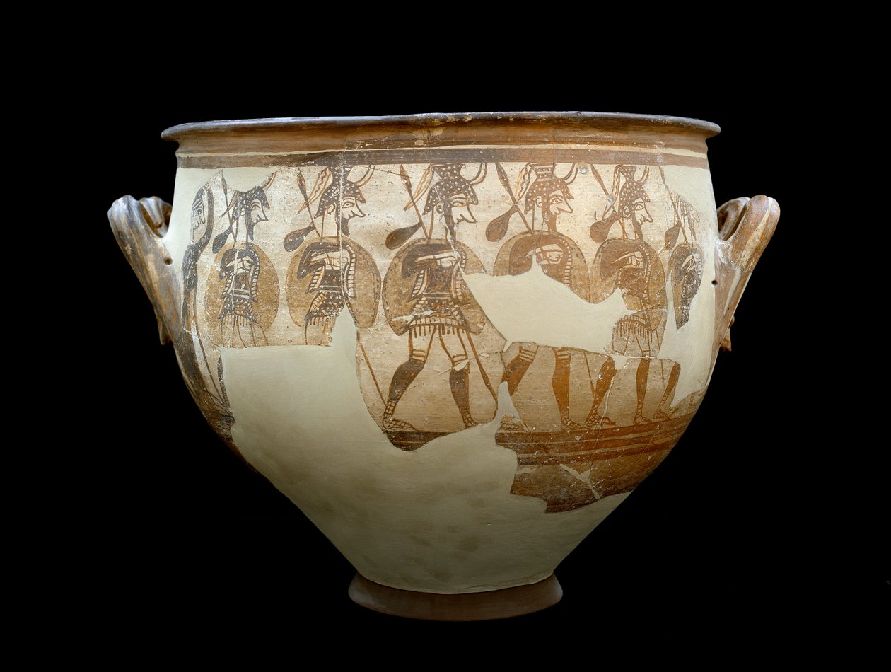 Miken uygarlığı: Warriors adlı krater - A a Mycenes mezarlarının çemberinden. MÖ 12. yüzyıl - Atina, ulusal arkeoloji müzesi - Miken sanatı: Savaşçıların Krateri - Miken