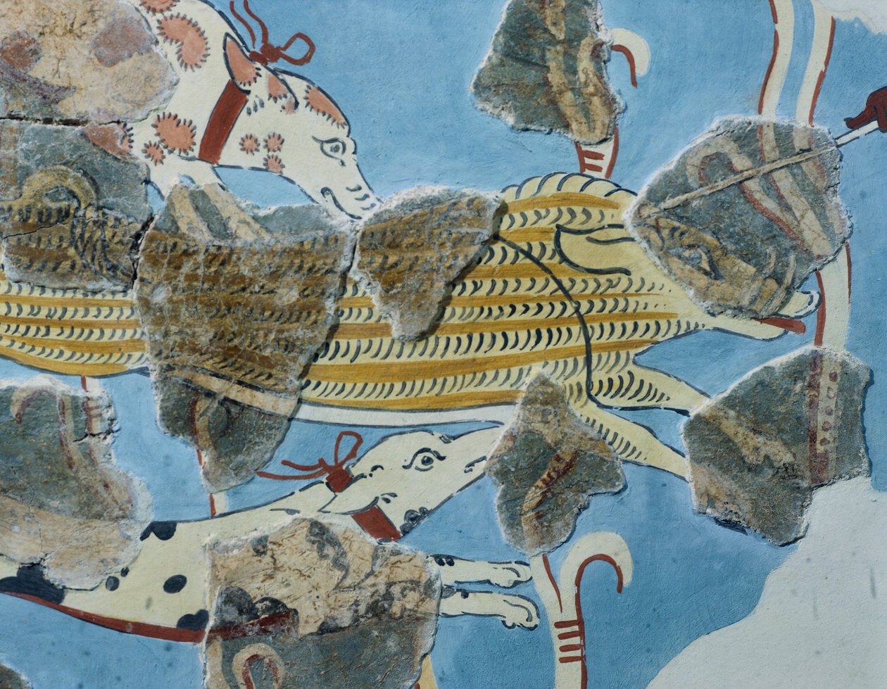 Tirinto Sarayı'ndan (Yunanistan) fresk. Detay: bir yaban domuzuna saldıran köpek grubu. Miken Uygarlığı by Mycenean