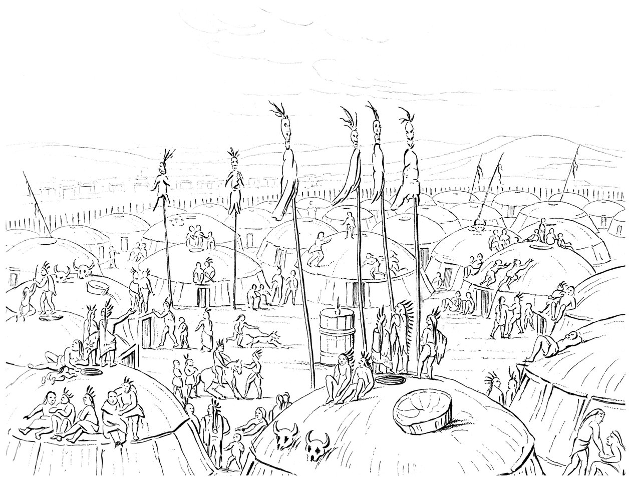 Mandan köyü, Yukarı Missouri, Amerika, 1841. by Myers and Co