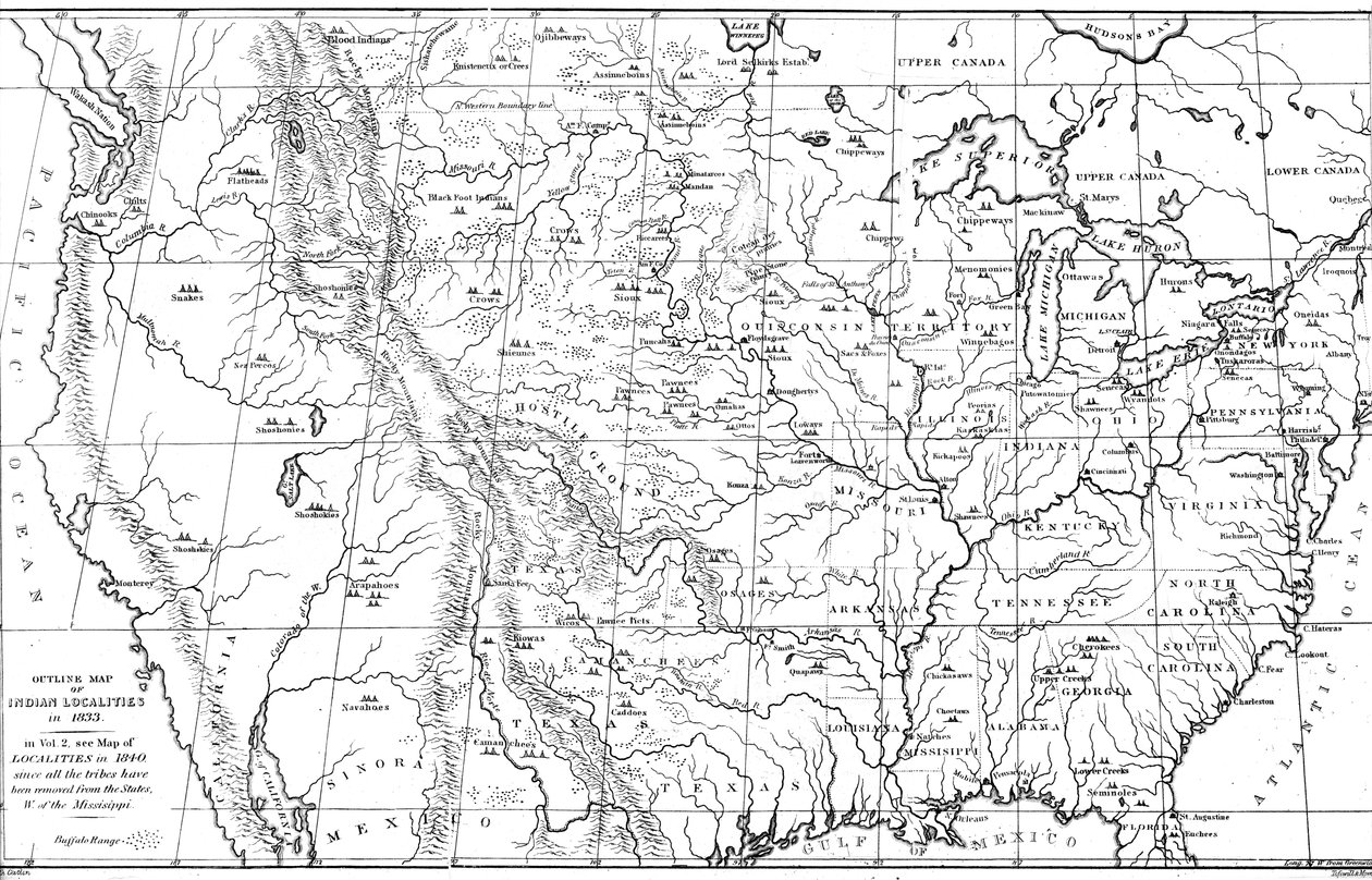 Kızılderili kabilelerinin yerleri ile Kuzey Amerika haritası, 1841. by Myers and Co
