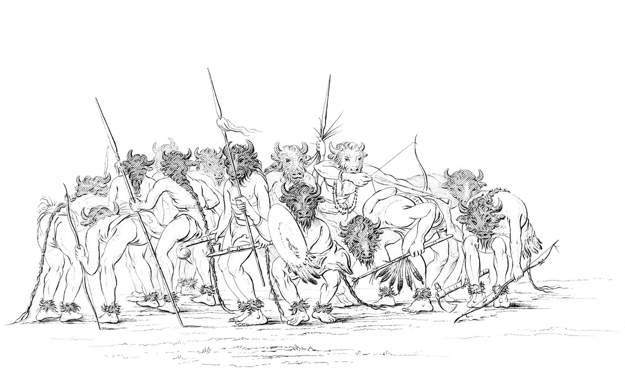 Bufalo maskeleriyle dans eden Kızılderili avcıları, 1841. by Myers and Co