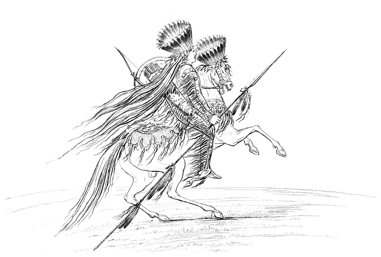 Silahlı ve başlıklı Kızılderili erkek, ata biniyor, 1841. by Myers and Co