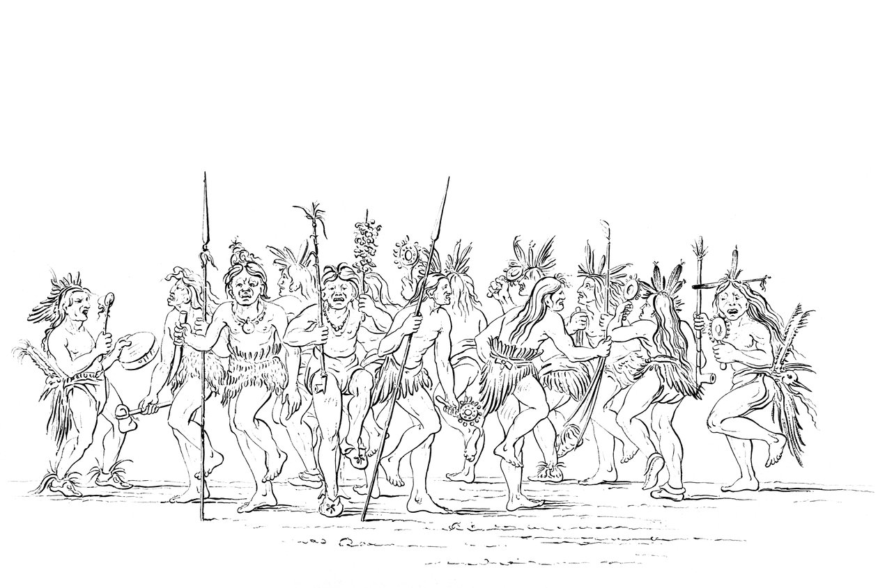 Bir dilenci dansı yapan Sioux kabilesi, 1841. by Myers and Co