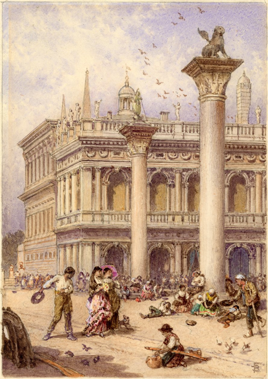 San Marco Meydanı Kütüphanesi, Venedik, 1868 (lamine levha üzerinde wc) by Myles Birket Foster