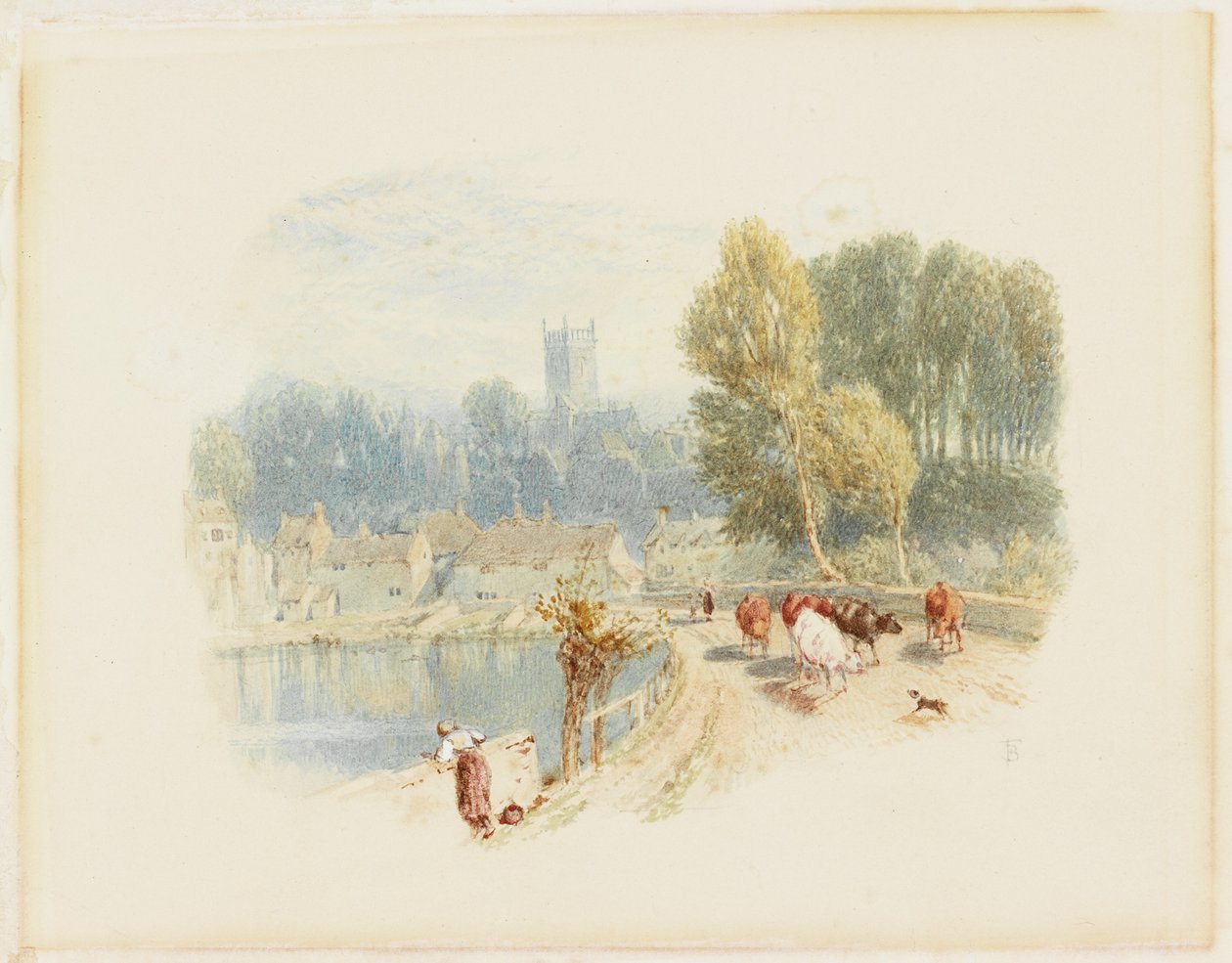 Kilise ile Nehir Manzarası (kart üzerinde kurşun kalem ve suluboya) by Myles Birket Foster