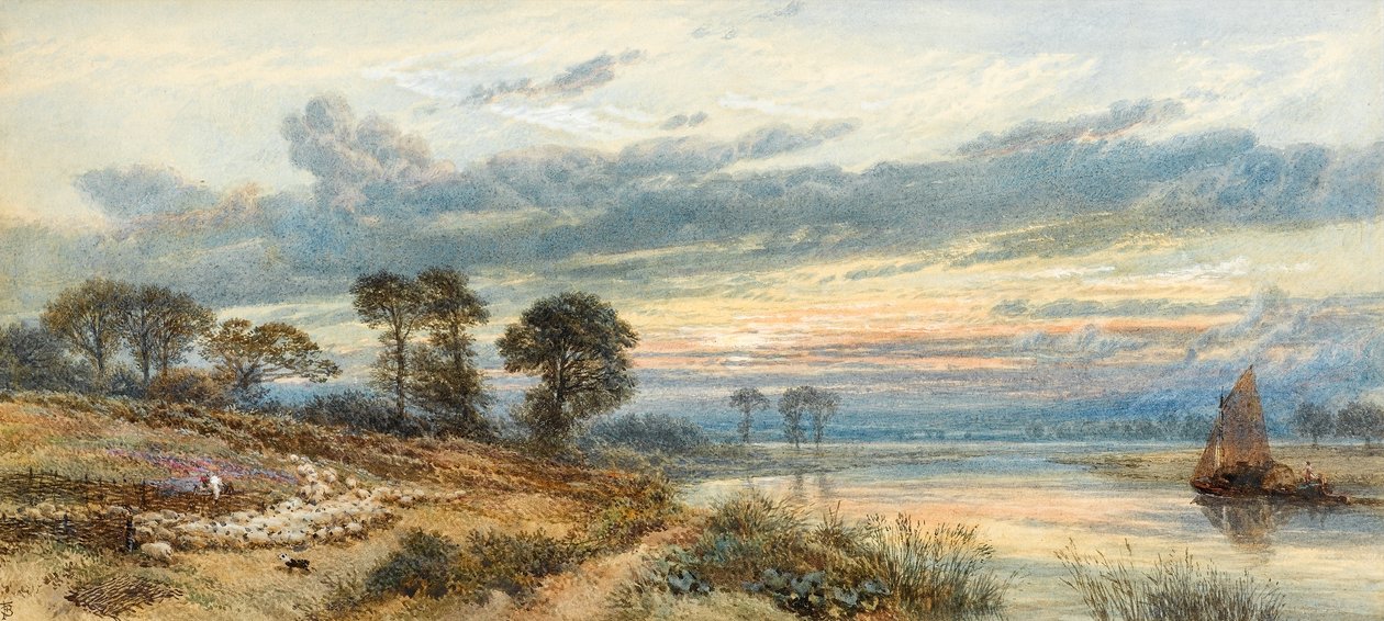 Nehir Üzerinde Gün Batımı (kağıt üzerinde wc) by Myles Birket Foster