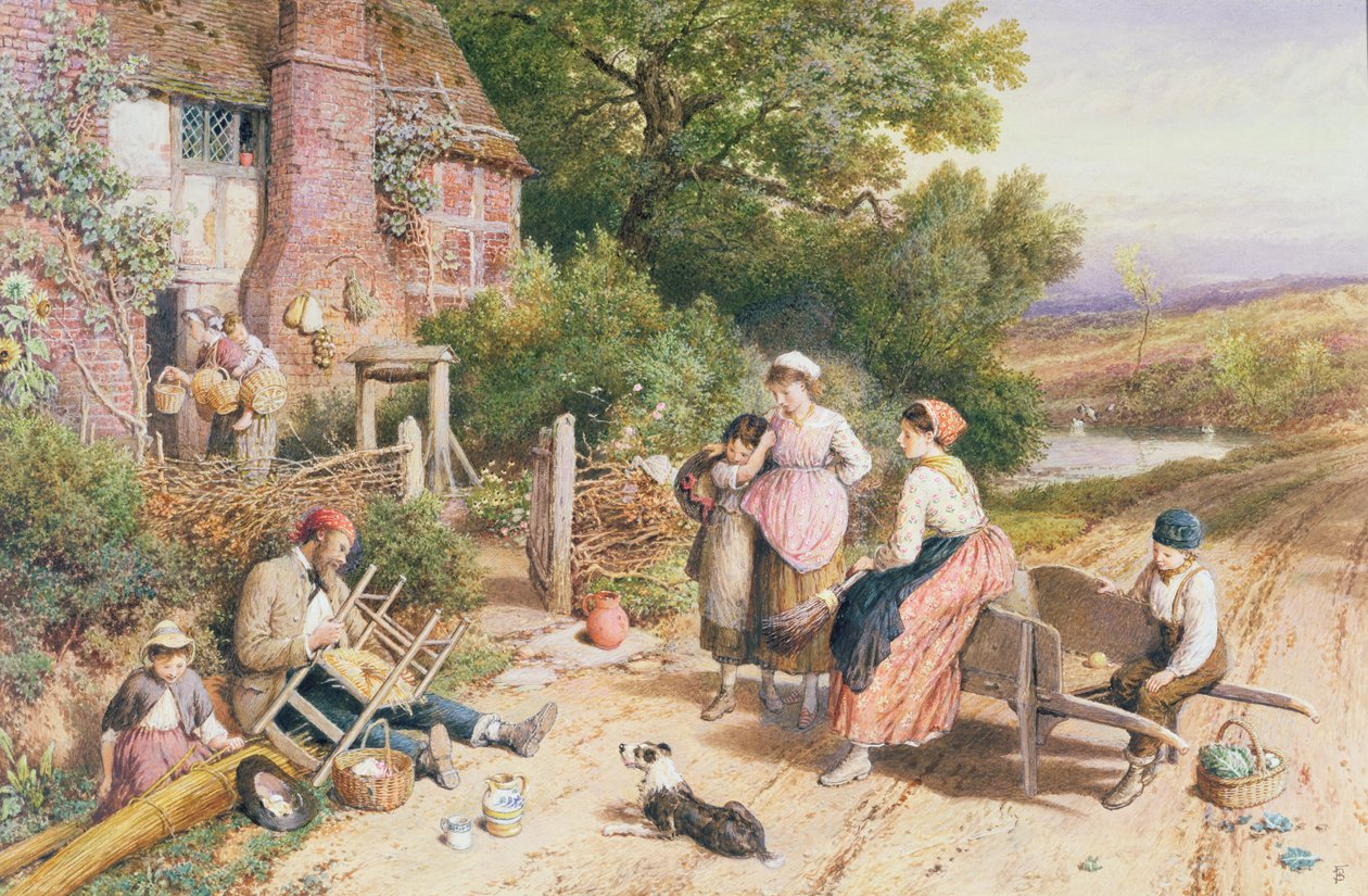 Witley, Surrey yakınlarında sepetlerle Gezici Sandalye Mender ve Pedlar by Myles Birket Foster