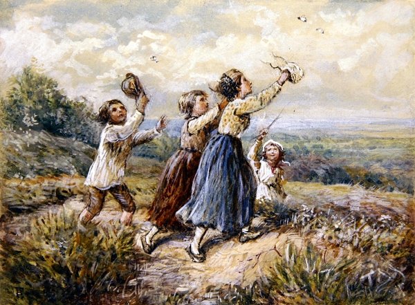 Kelebek Kovalayan Çocuklar (kağıt üzerine guaj ve sulu boya) by Myles Birket Foster