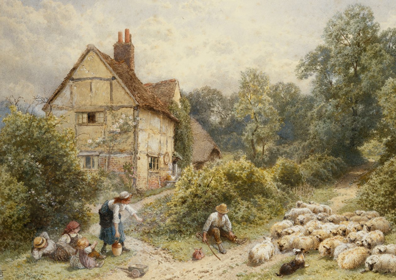 Fowl House Farm, Witley, Çocuklarla, Bir Çoban ve Yakınlarda Bir Koyun Sürüsü, by Myles Birket Foster