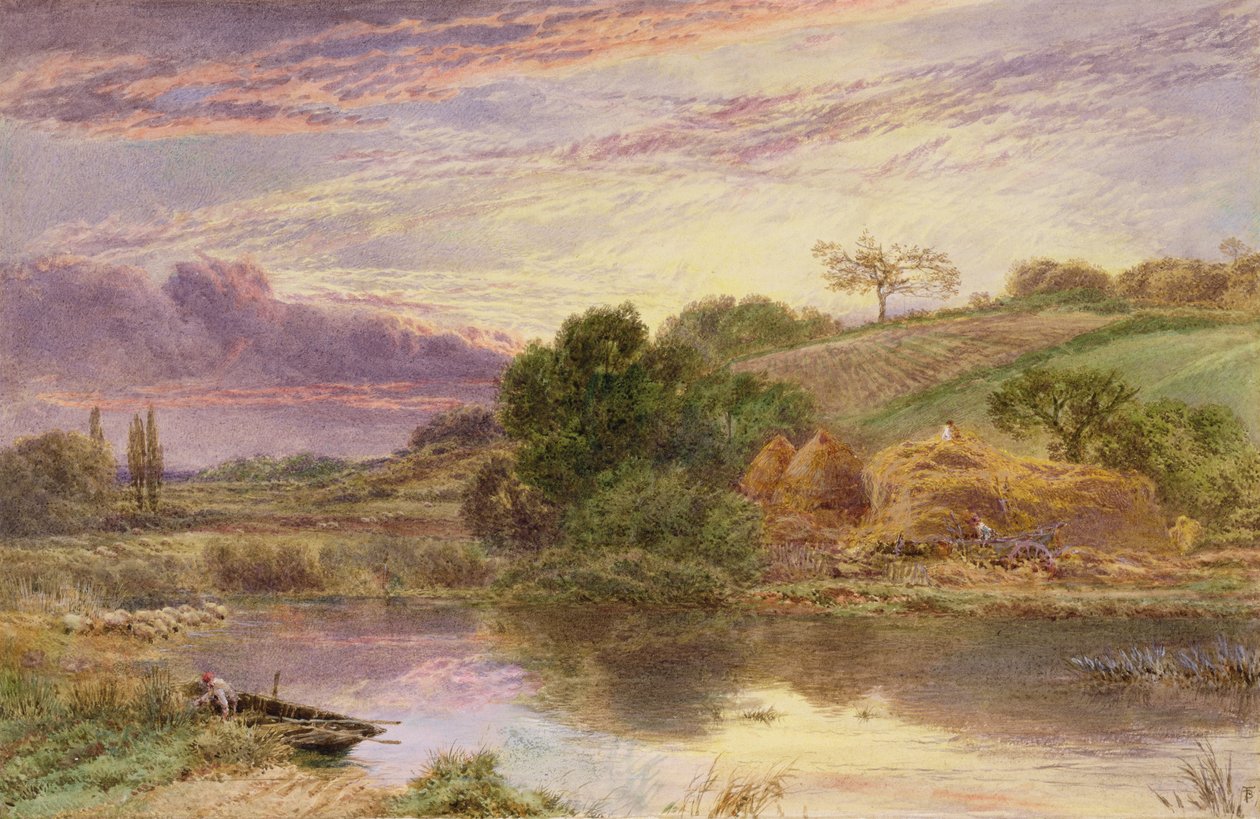 Akşamları Nehrin Yanında Samancılar (beyazla yükseltilmiş suluboya) by Myles Birket Foster