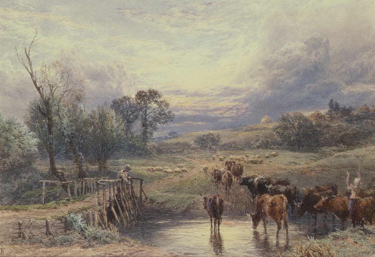 Sığır ve Köprü ile Manzara, 19. yüzyıl by Myles Birket Foster