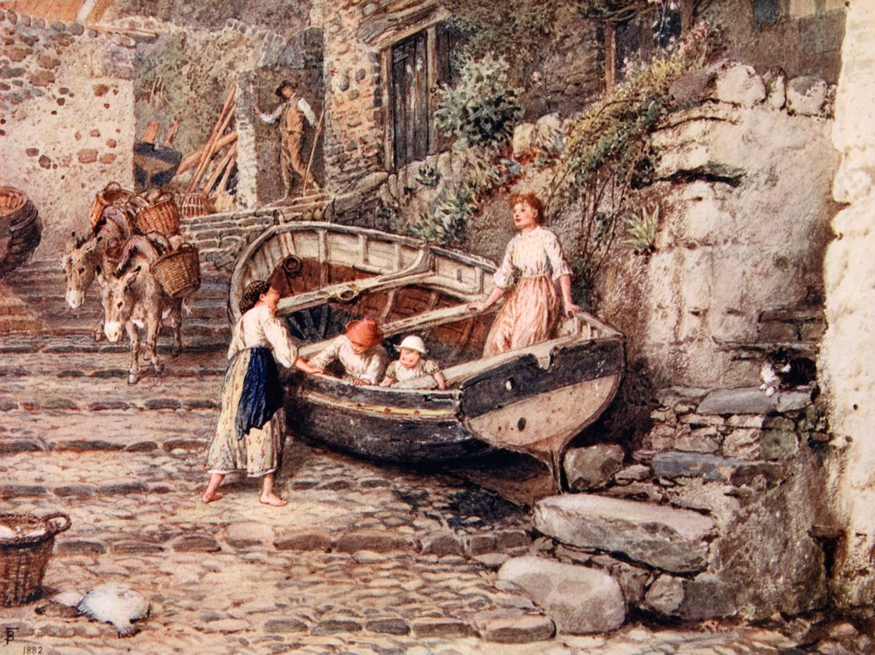 Karaya oturmuş tekne ve figürlerle Clovelly'nin görünümü, 1882 by Myles Birket Foster