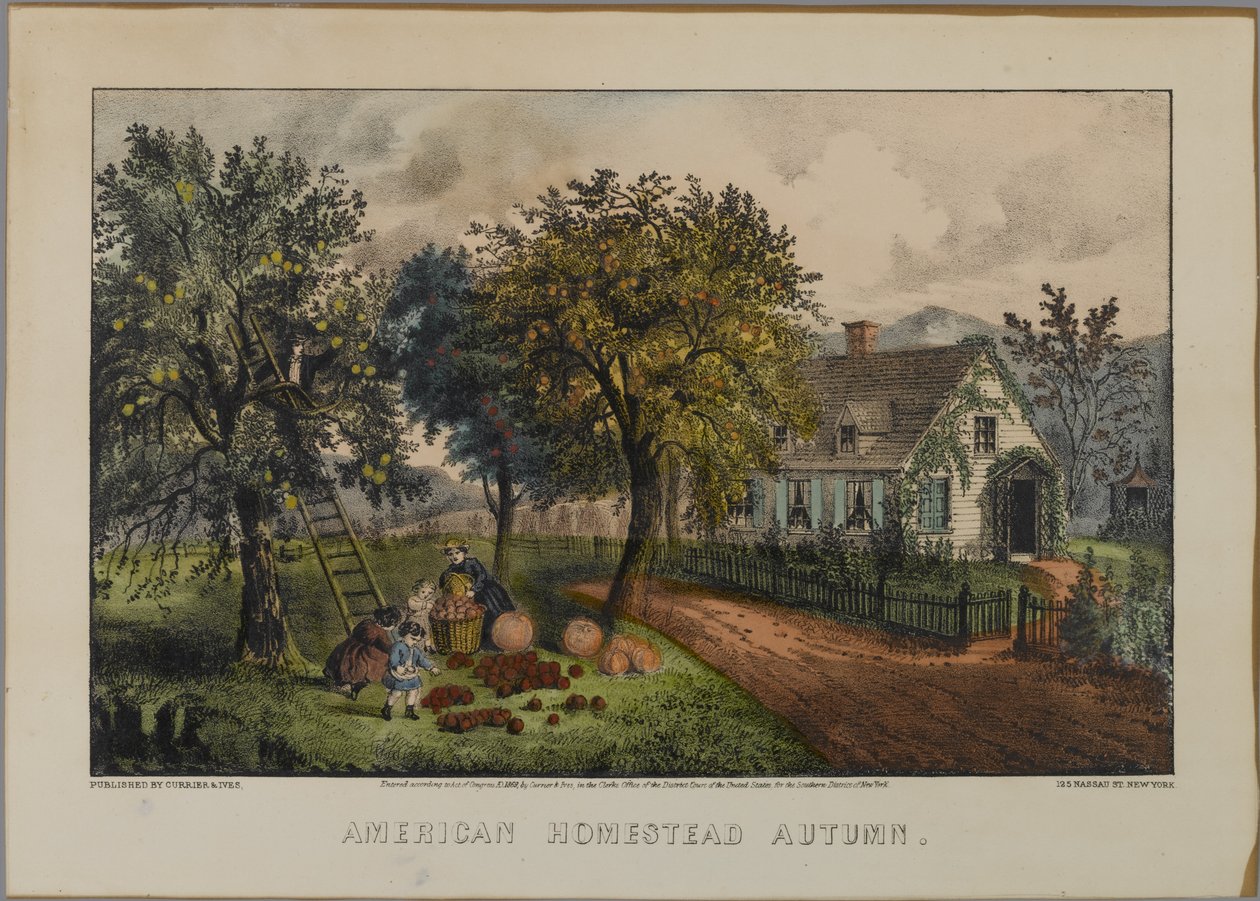 American Homestead Sonbahar, 1868-69 (el boyaması taş) by N. and Ives, J.M. Currier