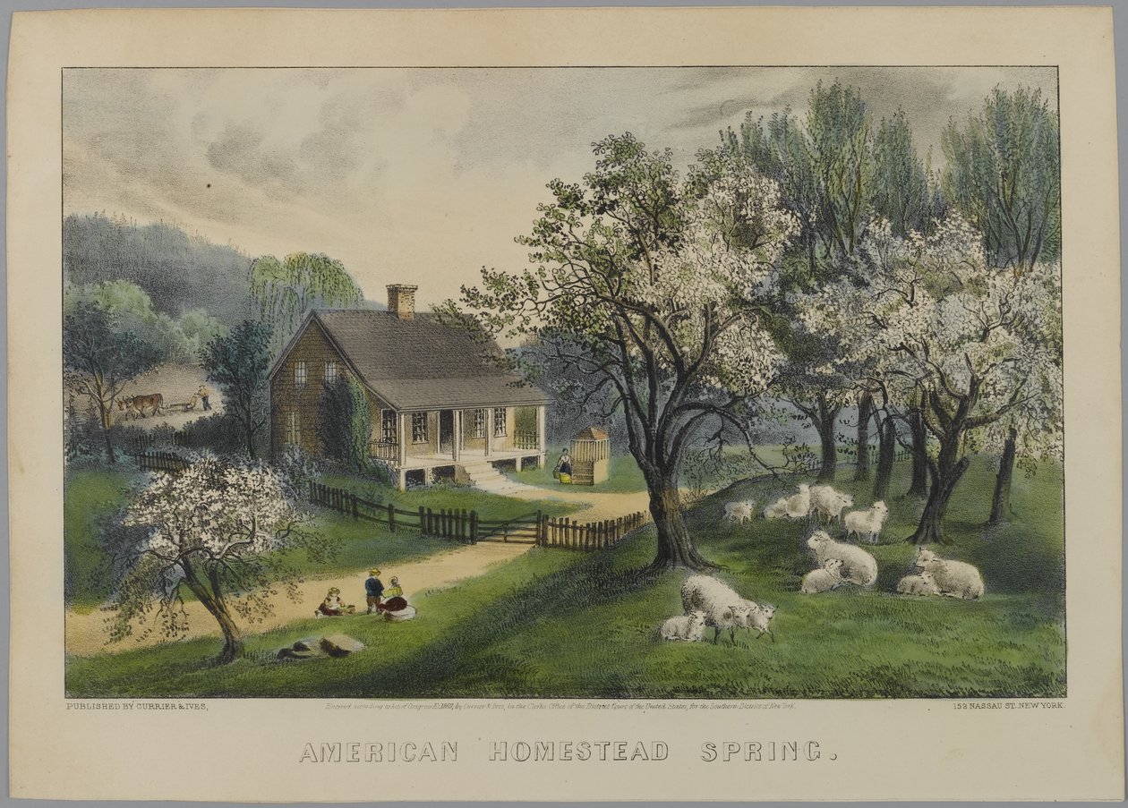 American Homestead Spring, 1868-69 (el boyaması taş) by N. and Ives, J.M. Currier