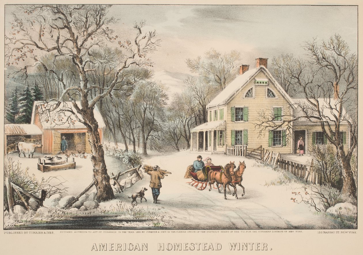 American Homestead Winter, 1868 (renkli taş) by N. and Ives, J.M. Currier