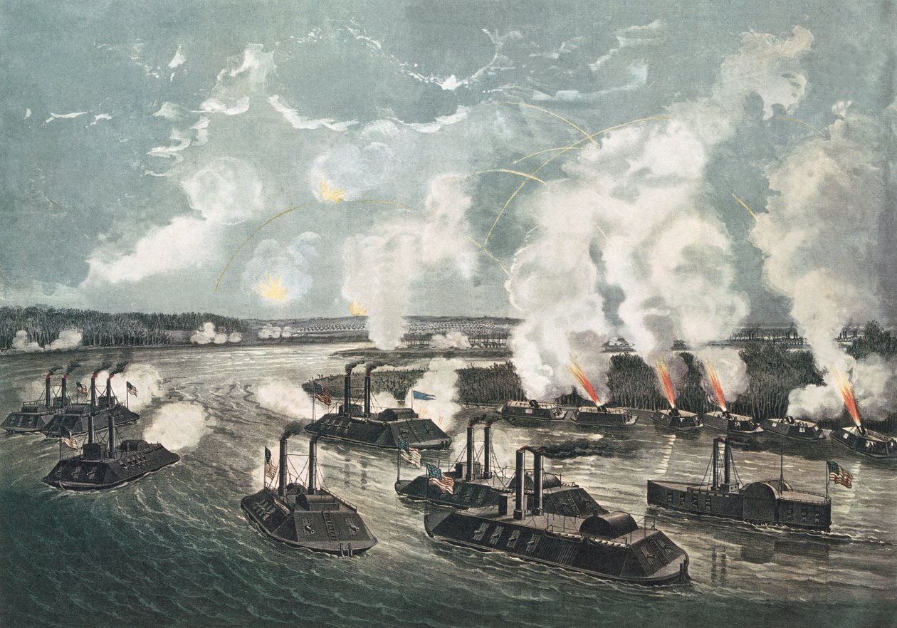 Mississippi Nehri Üzerindeki 10 Numaralı Adanın Bombardımanı ve Ele Geçirilmesi, 7 Nisan 1862 by N. and Ives, J.M. Currier