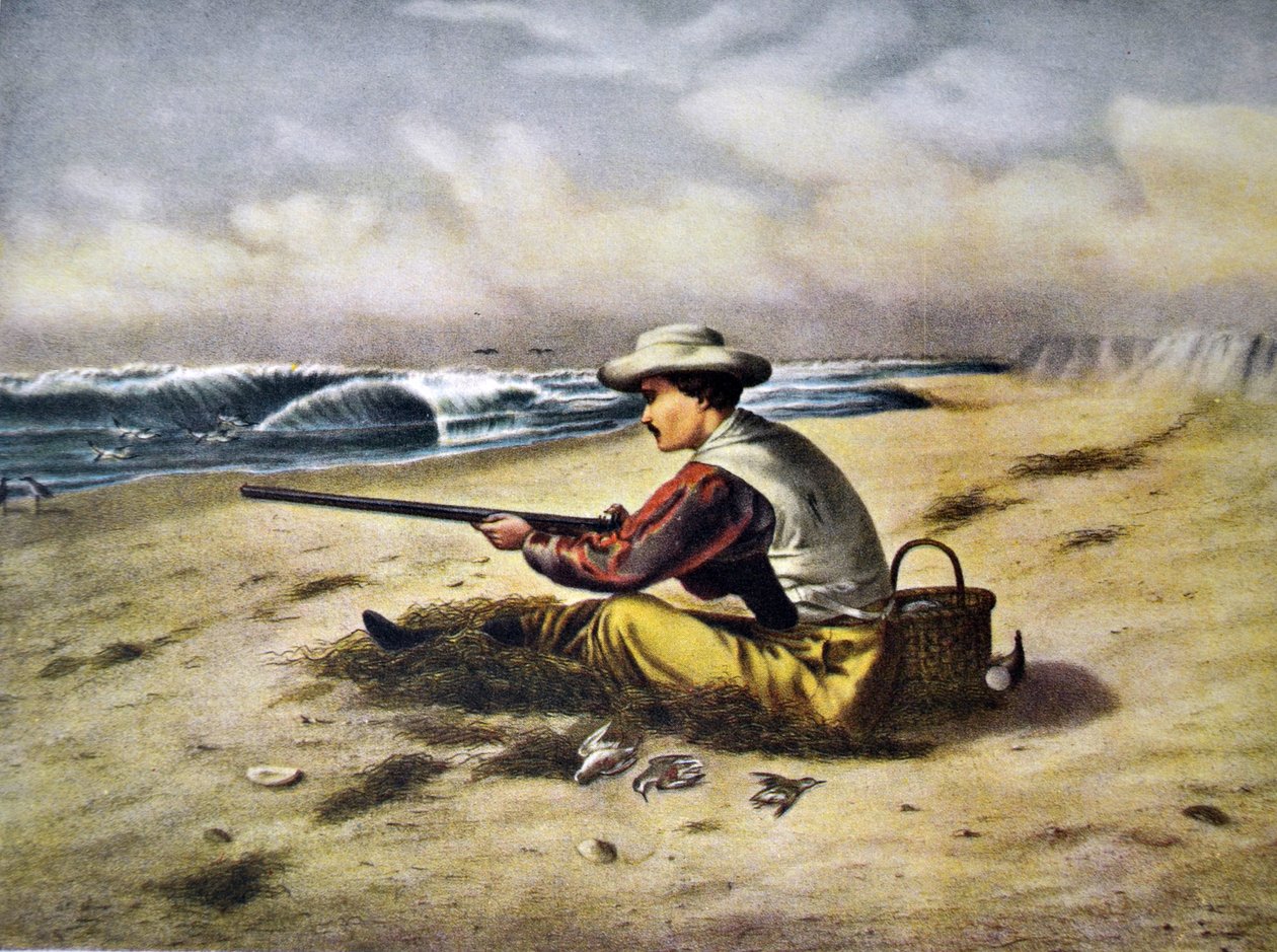 Currier & Ives İllüstrasyon 19. Yüzyıl. Sahilde su çulluğu atışı by N. and Ives, J.M. Currier
