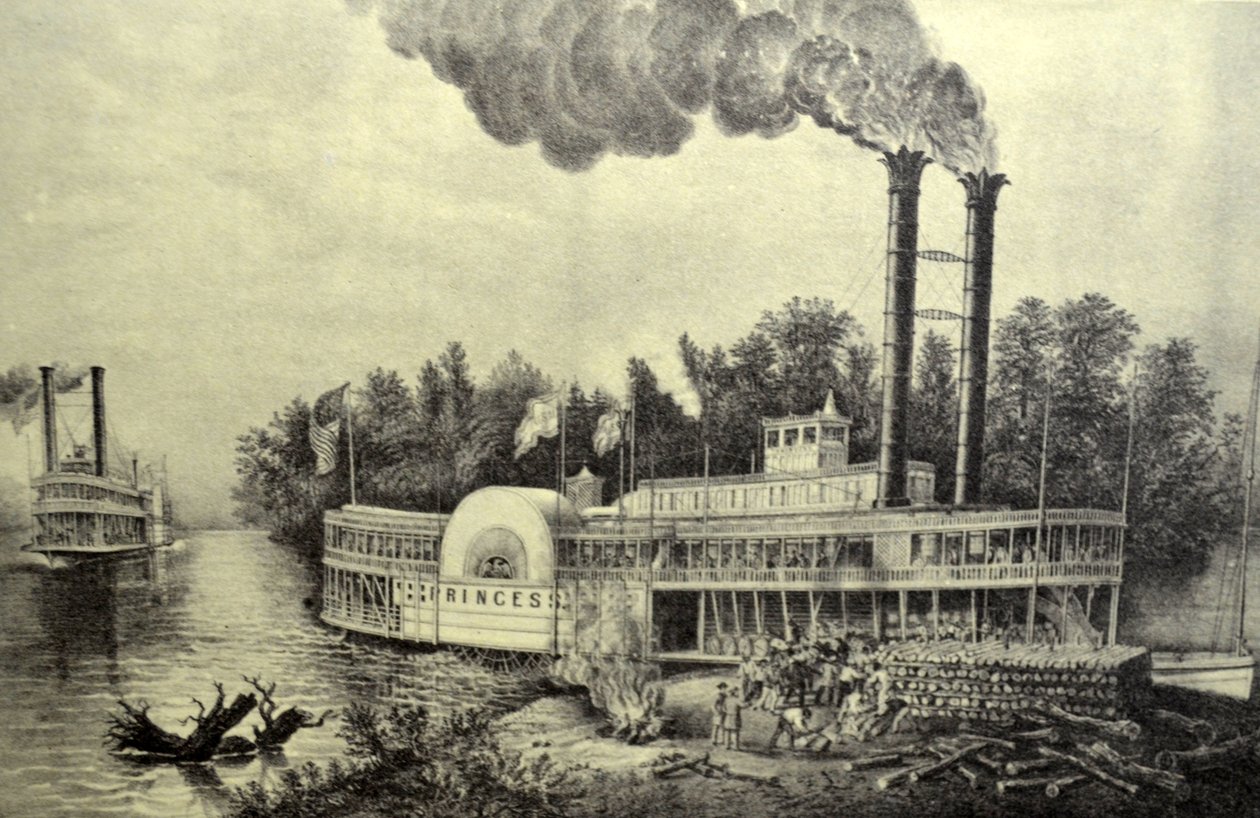 Currier & Ives İllüstrasyon 19. Yüzyıl. Mississippi kanatlı vapur by N. and Ives, J.M. Currier