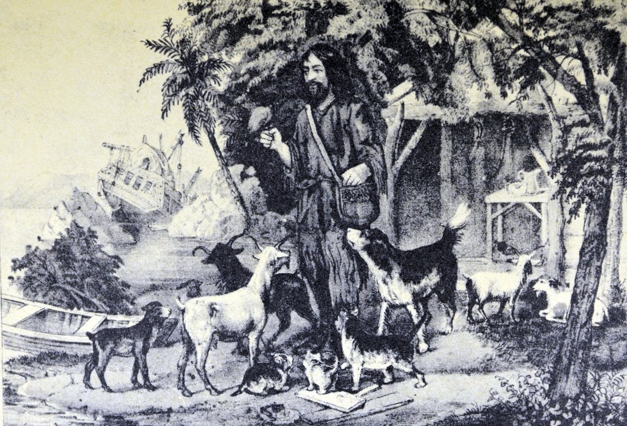Currier & Ives İllüstrasyon 19. Yüzyıl. Robinson Crusoe ve Evcil Hayvanları by N. and Ives, J.M. Currier