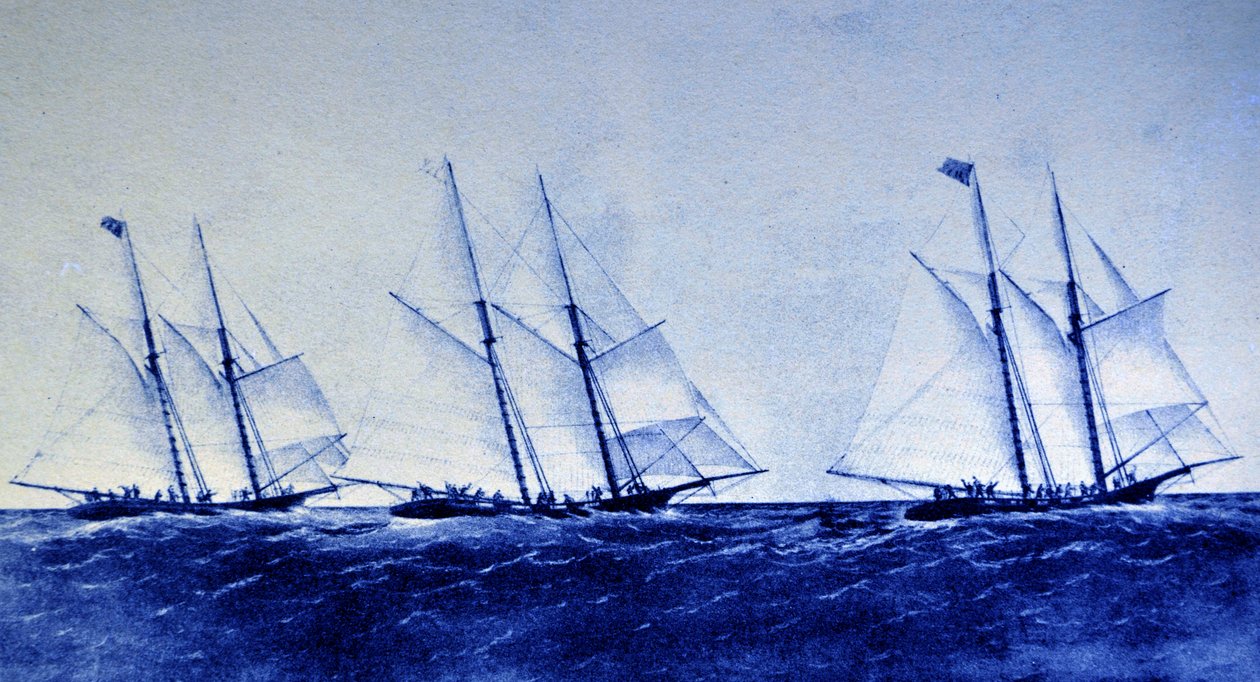 Currier & Ives İllüstrasyon 19. Yüzyıl. Henrietta, Fleetwing ve Vesta arasındaki Büyük Okyanus Yat Yarışı by N. and Ives, J.M. Currier