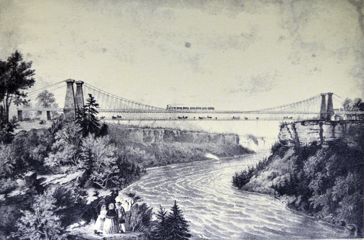 Currier & Ives İllüstrasyon 19. Yüzyıl. Niagara Şelalesi Yakınındaki Demiryolu Yolu Asma Köprüsü. by N. and Ives, J.M. Currier