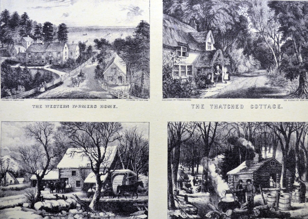 Currier & Ives İllüstrasyon 19. Yüzyıl. Batı Çiftçi Evi; Sazdan Kulübe; Donmuş; Akçaağaç Şekerleme, Kuzey Ormanında Erken İlkbahar by N. and Ives, J.M. Currier