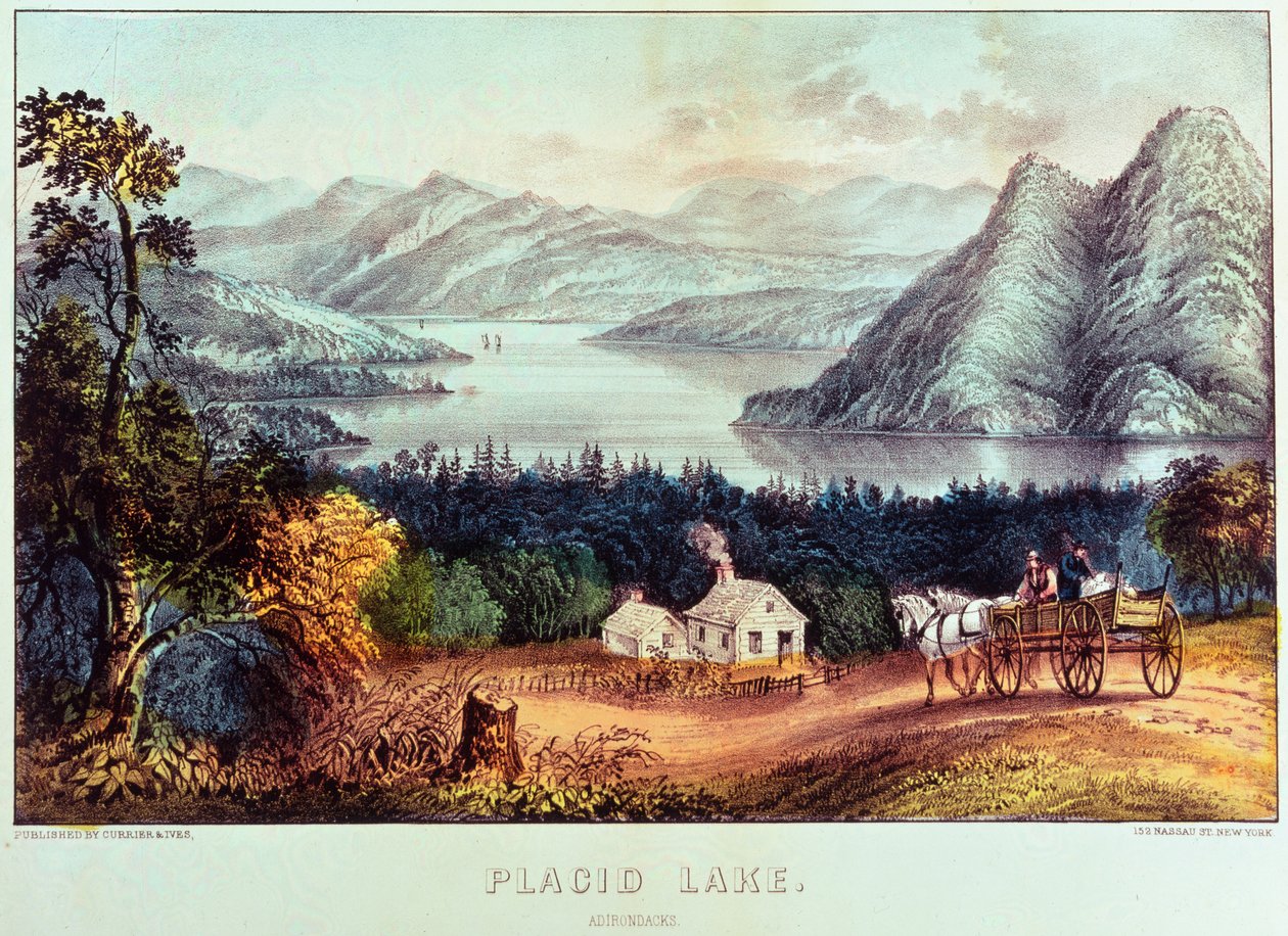 Sakin göl, Adirondacks by N. and Ives, J.M. Currier