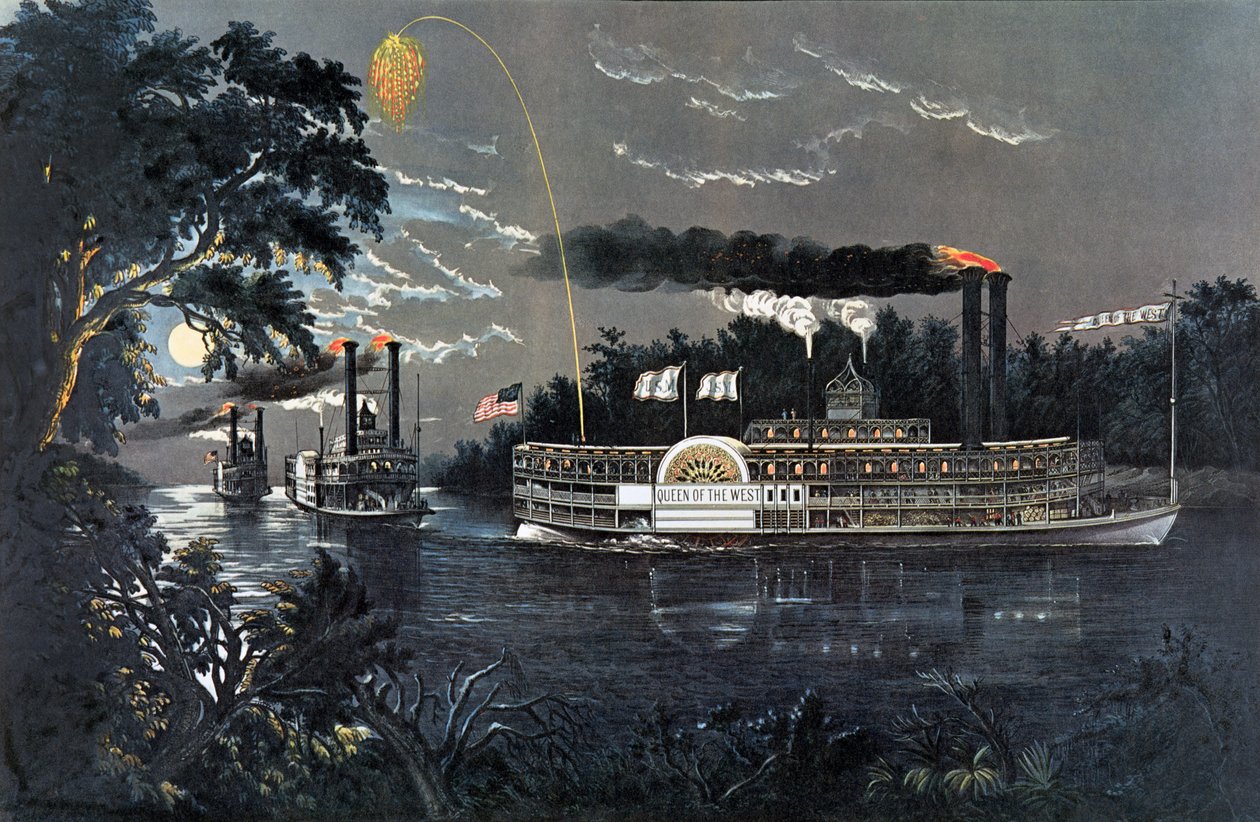 RL 27835 Rounding a Bend on the Mississippi Steamboat Queen of the West  by N. and Ives, J.M. Currier