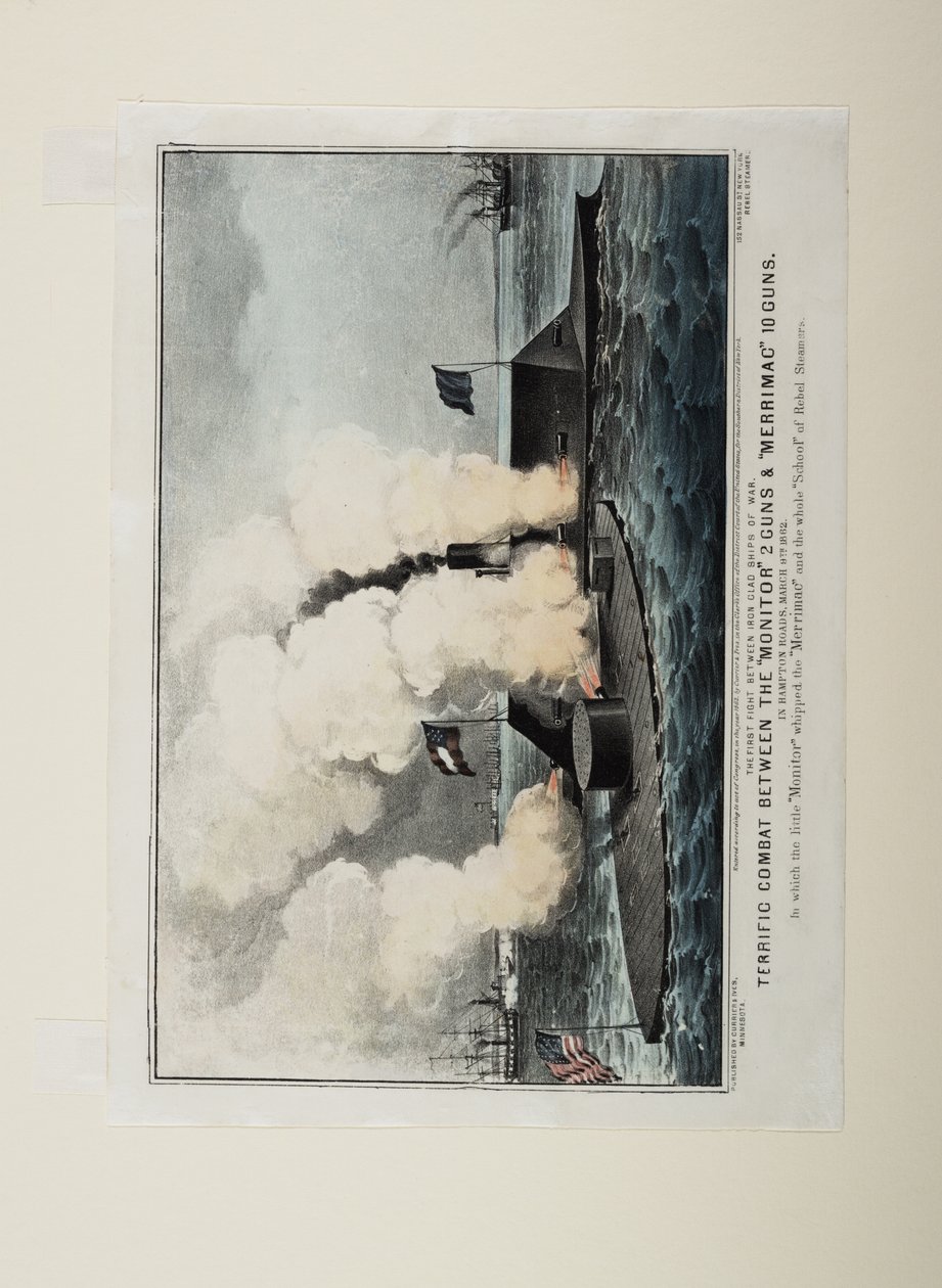 Monitor iki silahı ve on Merrimac topu arasında müthiş bir mücadele, c.1862 by N. and Ives, J.M. Currier