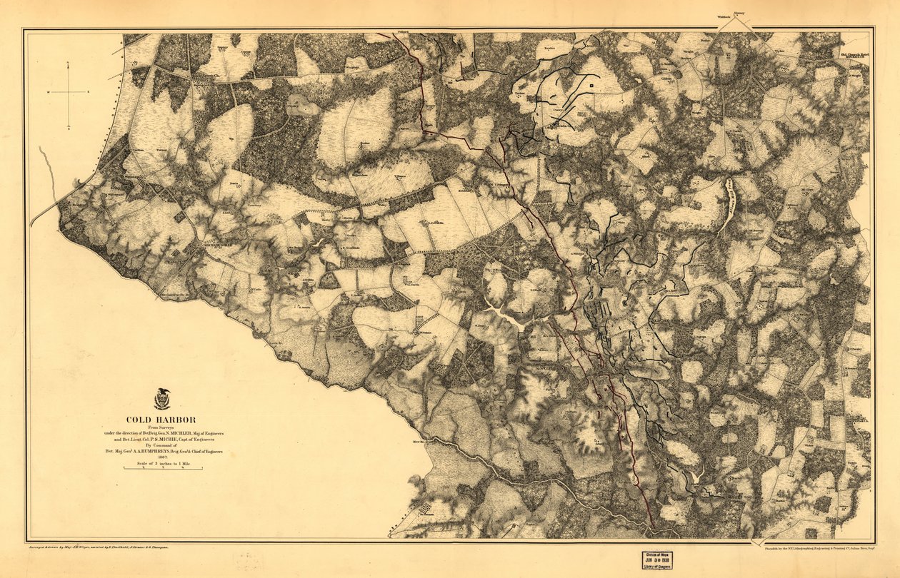 21,120. LC Civil War Maps (2. baskı), 531.3 Bu sayıda, harita sarı zemin üzerine Chickahominy Nehri yeşil renkli olarak basılmıştır. Yolları, Virginia Central R. R.
