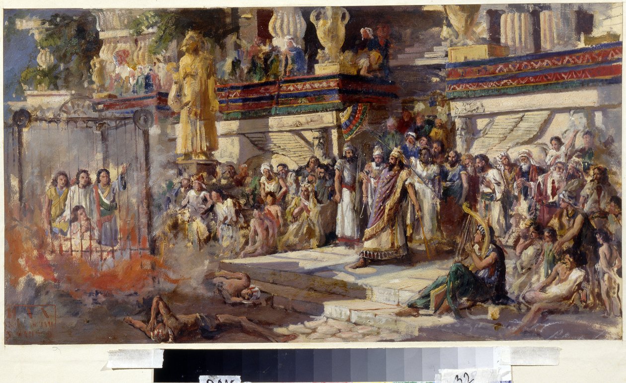 Ateşli Fırındaki Üç Genç Adam, 1879 (karton üzerine yağlı boya) by N. T. Malyshev