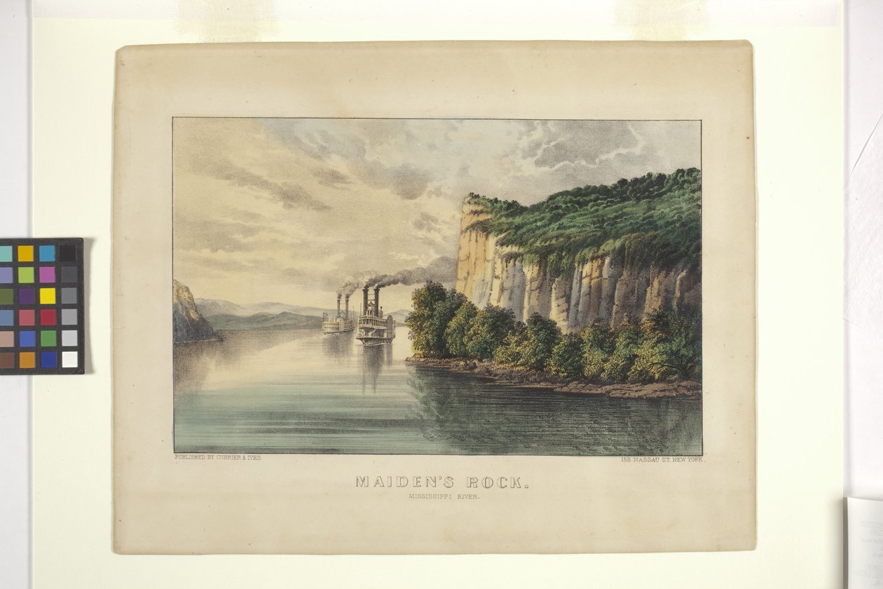 Maiden'S Rock - Mississippi Nehri (elle boyanmış litografi) by N. and Ives J.M. (1824 95) Currier