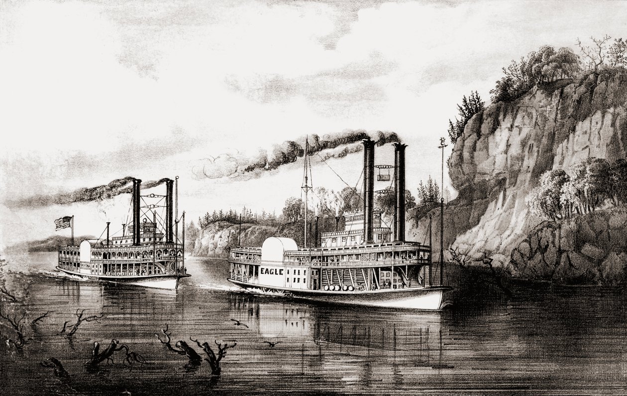 ABD, Mississippi nehri üzerinde yarışan vapurlar. by N. and Ives J.M. Currier