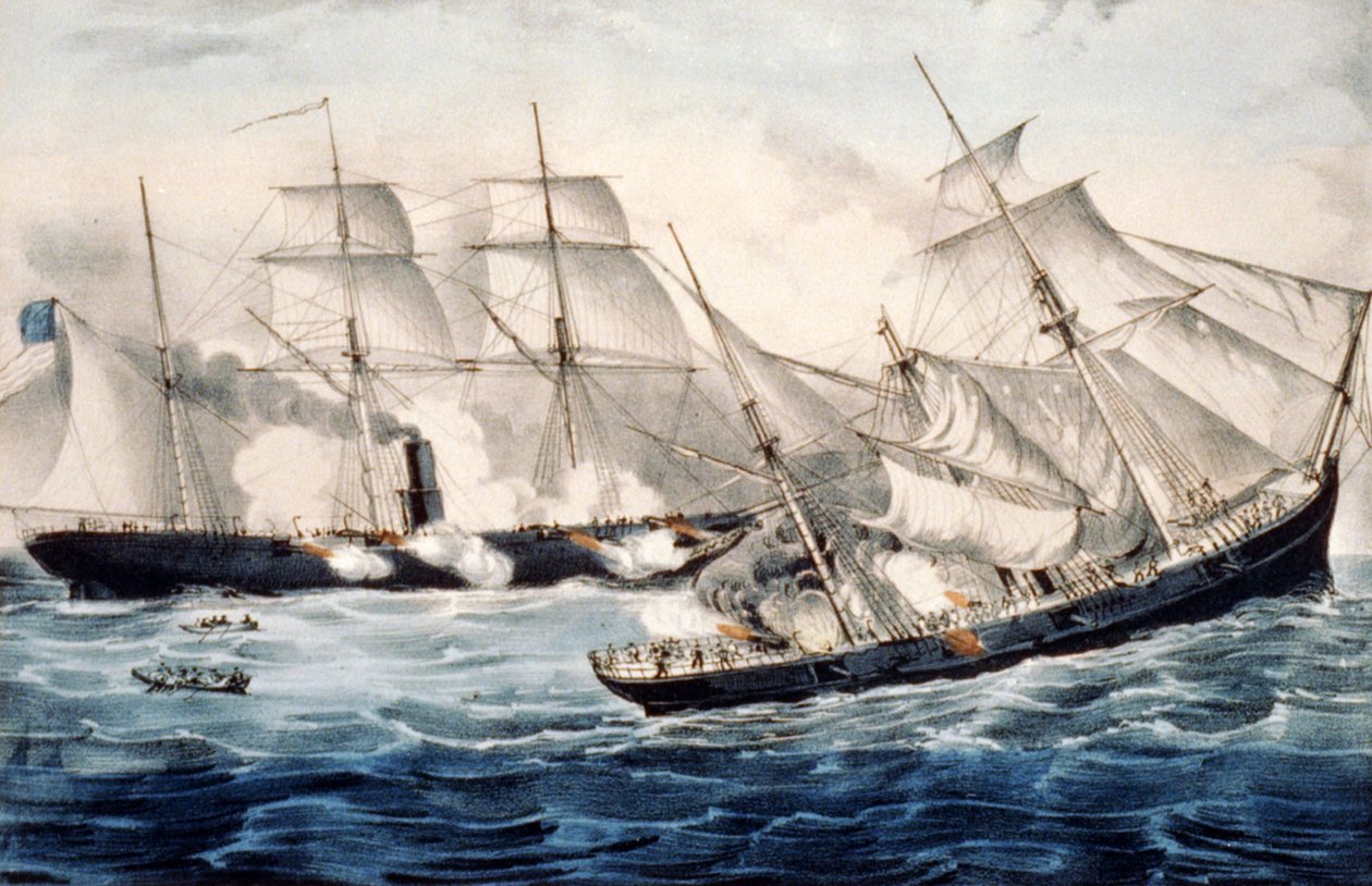 ABD'nin Cherbourg, Fransa'daki savaş sloganı, 19 Haziran Pazar. 1864. Currier & Ives'in çizimi. c1864. by N. Currier and Ives J.M.