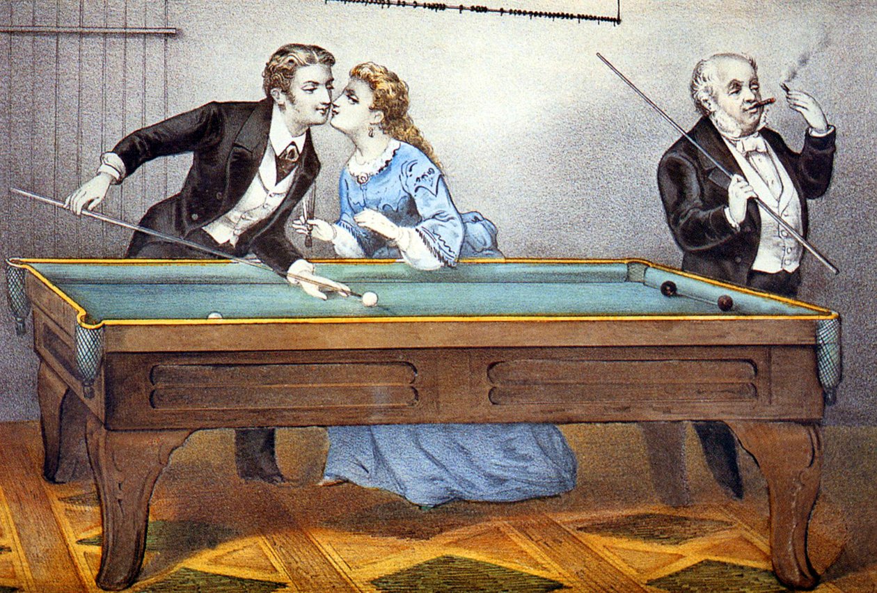 bilardo oyunu sırasında öpüşmek by N. and Ives J.M. (1824 95) Currier