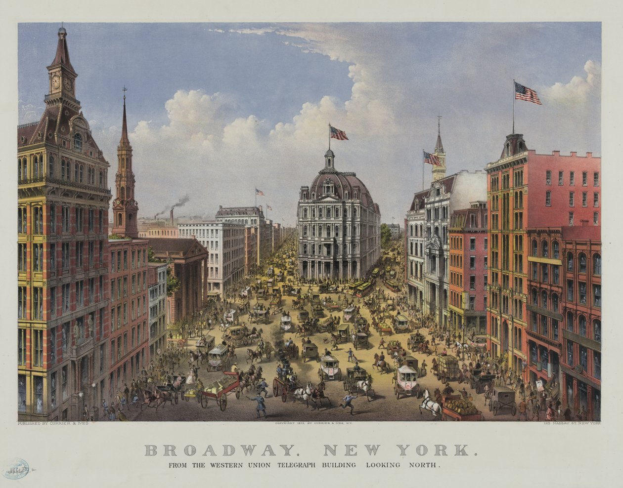 Broadway, New York Western Union telgraf binasından kuzeye bakıyor by Currier and Ives