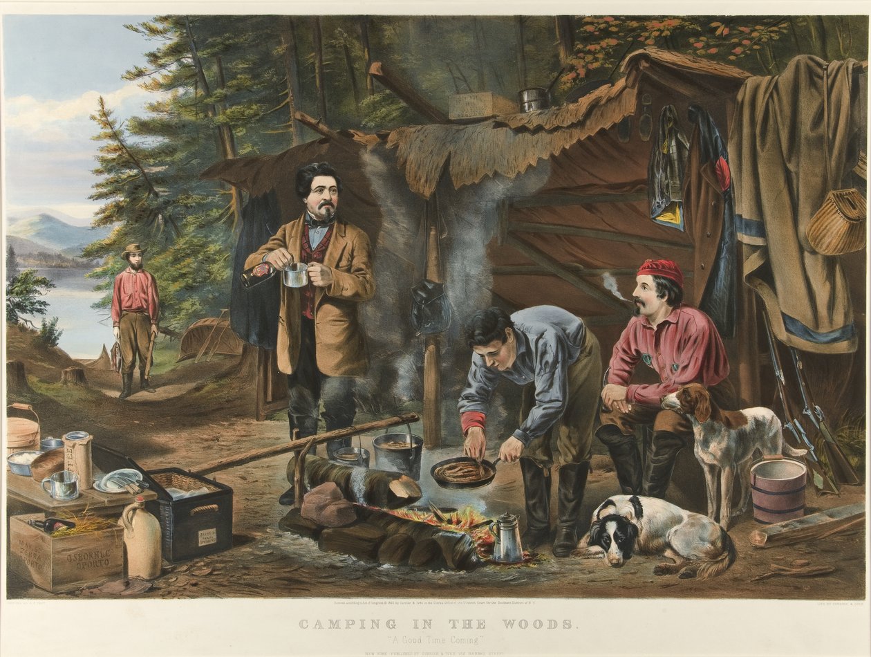 Ormanda Kamp Yapmak “İyi Bir Zaman Geliyor” (renkli litografi) by Currier and Ives