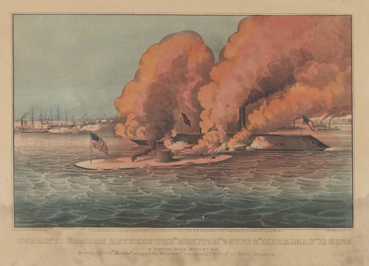 "Monitor" 2 Guns & "Merrimac" 11 Guns In Hampton Roads Arasında Müthiş Mücadele 9 Mart 1862 (el renkli litografi) by Currier and Ives