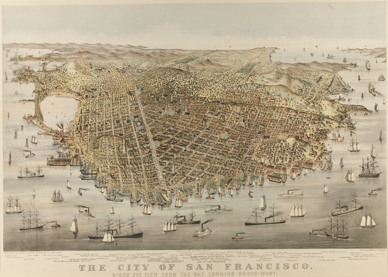 San Francisco Şehri - Körfezden kuşbakışı görünüm, güneybatıya bakıyor by Currier and Ives